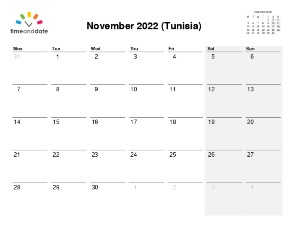 Calendar for 2022 in Tunisia