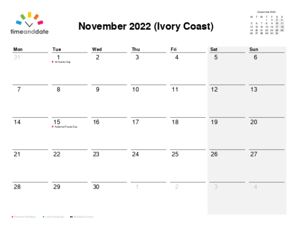 Calendar for 2022 in Ivory Coast