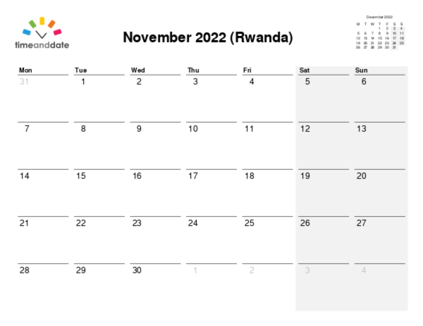 Calendar for 2022 in Rwanda