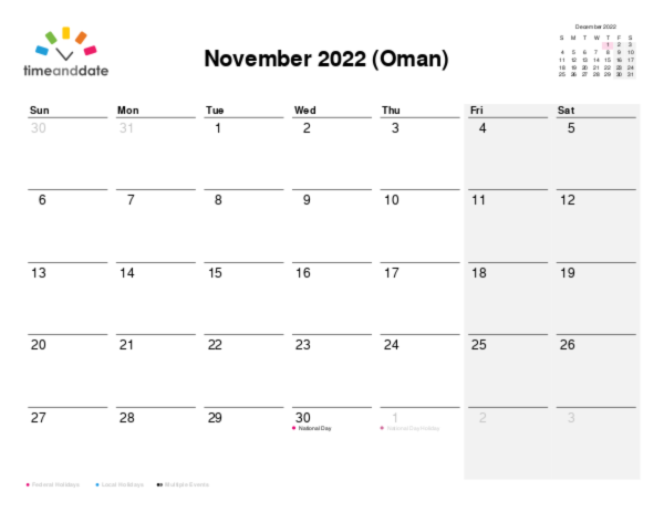 Calendar for 2022 in Oman