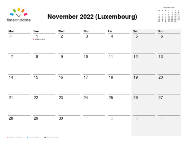 Calendar for 2022 in Luxembourg
