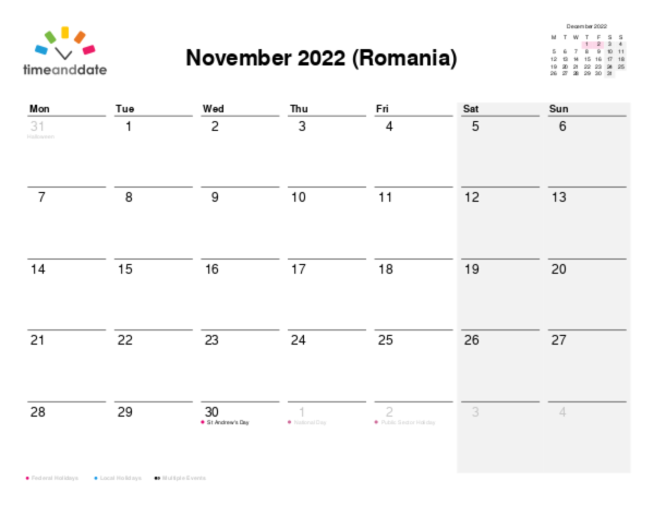 Calendar for 2022 in Romania