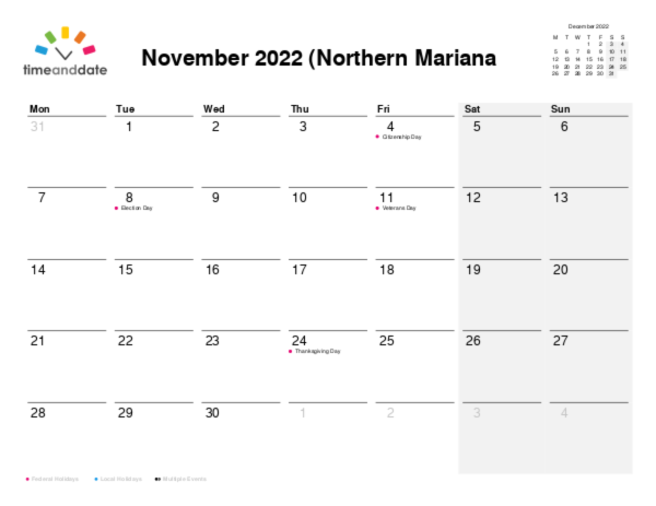 Calendar for 2022 in Northern Mariana Islands