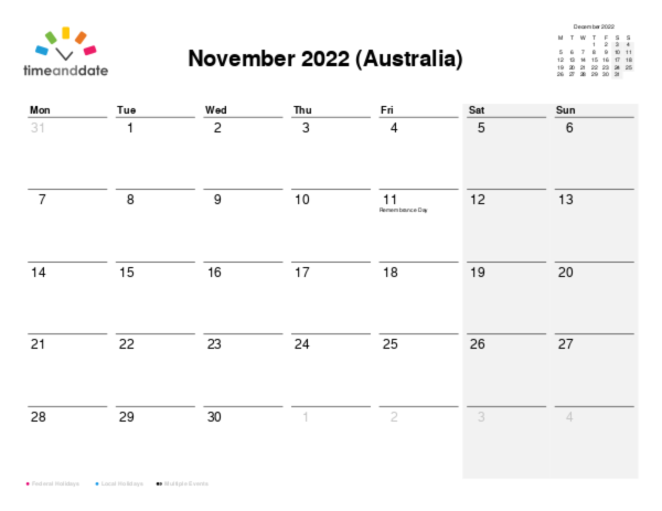 Calendar for 2022 in Australia