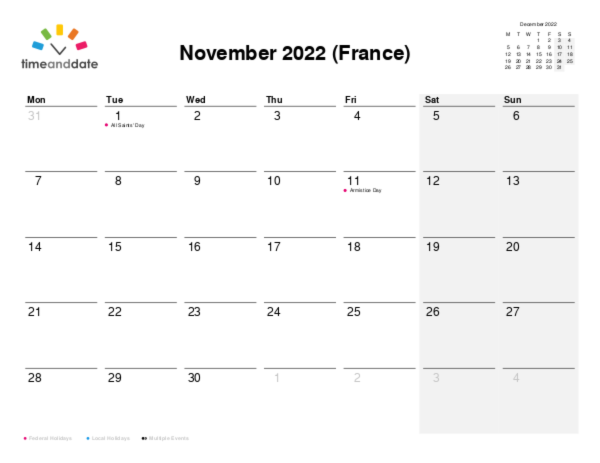 Calendar for 2022 in France