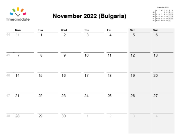 Calendar for 2022 in Bulgaria