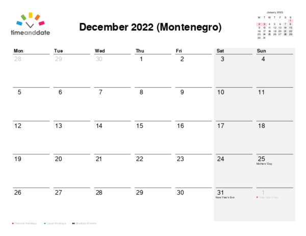 Calendar for 2022 in Montenegro
