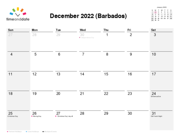 Calendar for 2022 in Barbados