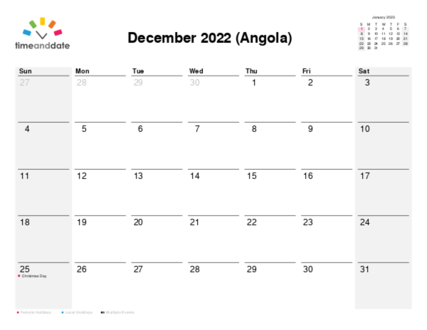 Calendar for 2022 in Angola