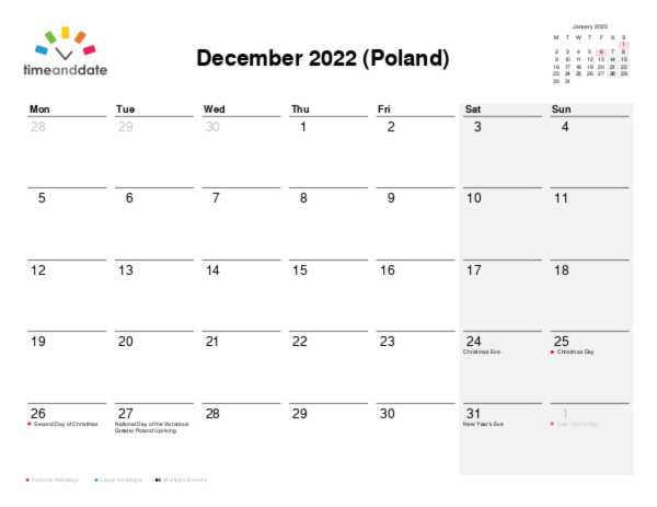 Calendar for 2022 in Poland