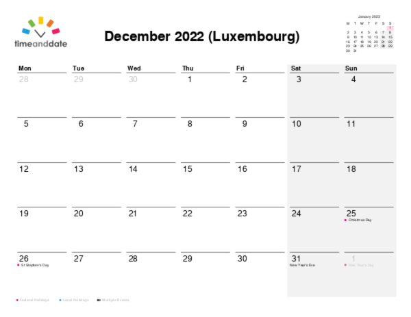 Calendar for 2022 in Luxembourg