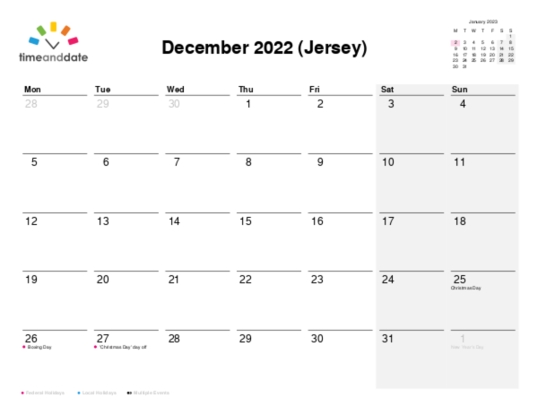 Calendar for 2022 in Jersey