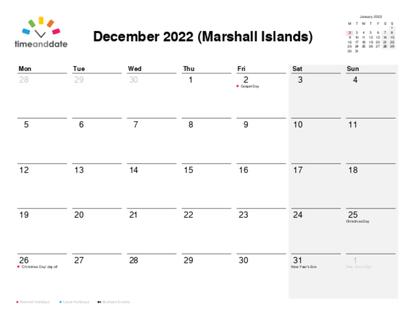 Calendar for 2022 in Marshall Islands