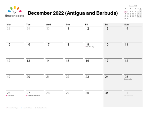 Calendar for 2022 in Antigua and Barbuda