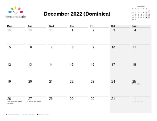 Calendar for 2022 in Dominica