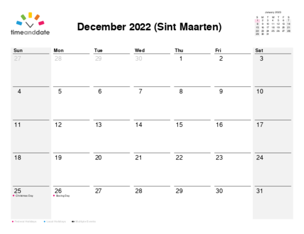Calendar for 2022 in Sint Maarten