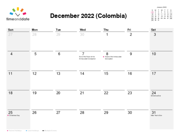 Calendar for 2022 in Colombia