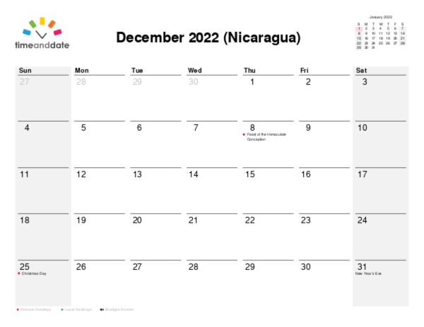 Calendar for 2022 in Nicaragua
