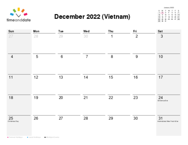 Calendar for 2022 in Vietnam