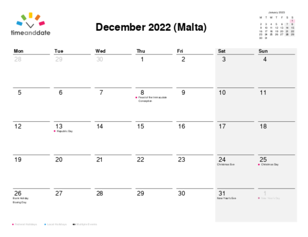 Calendar for 2022 in Malta