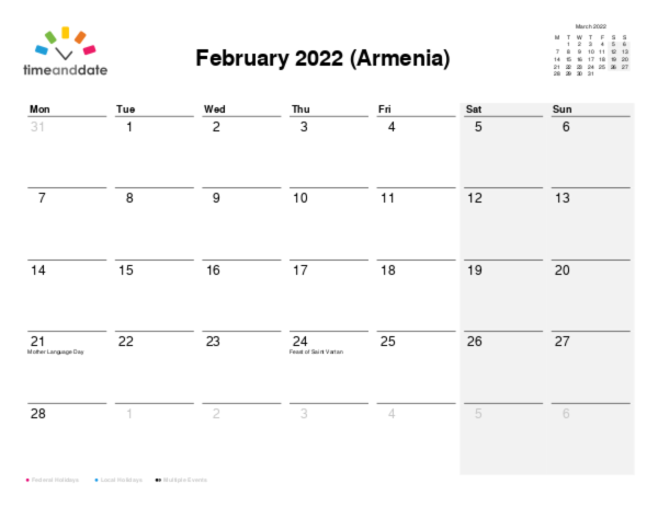 Calendar for 2022 in Armenia