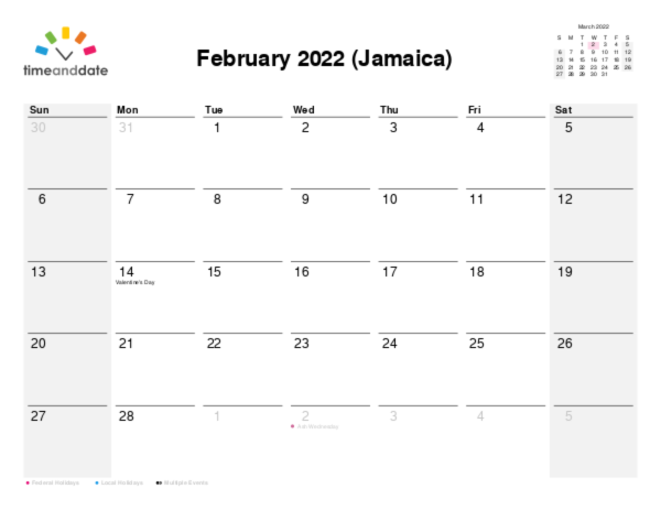 Calendar for 2022 in Jamaica