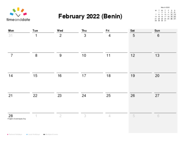 Calendar for 2022 in Benin