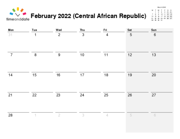 Calendar for 2022 in Central African Republic