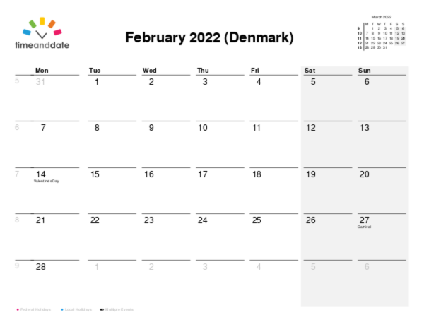 Calendar for 2022 in Denmark