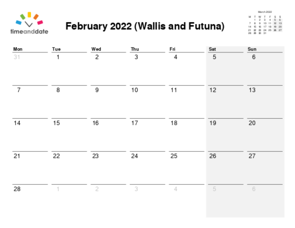 Calendar for 2022 in Wallis and Futuna