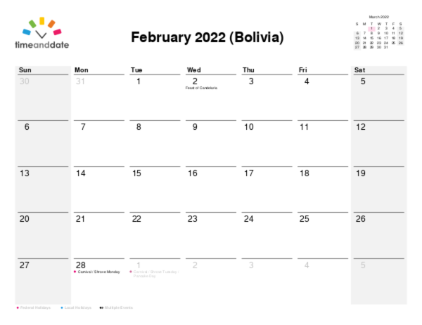 Calendar for 2022 in Bolivia