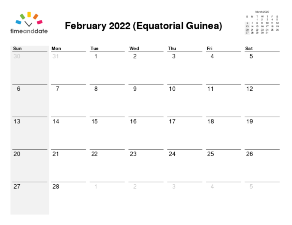 Calendar for 2022 in Equatorial Guinea