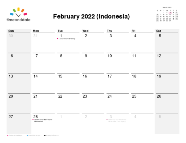 Calendar for 2022 in Indonesia