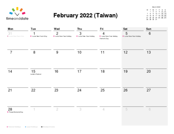 Calendar for 2022 in Taiwan