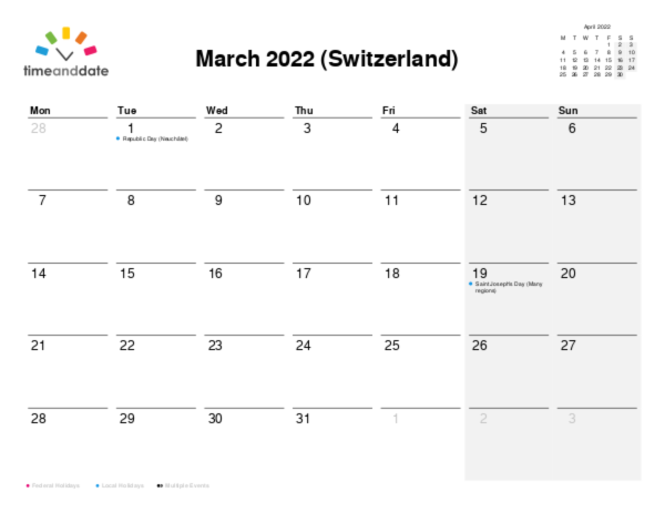Calendar for 2022 in Switzerland