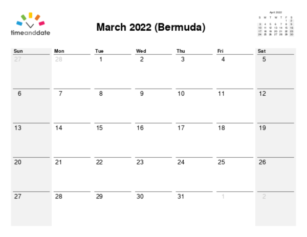 Calendar for 2022 in Bermuda