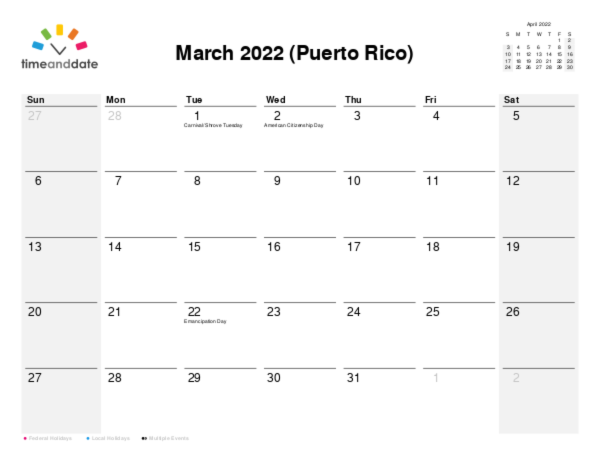 Calendar for 2022 in Puerto Rico