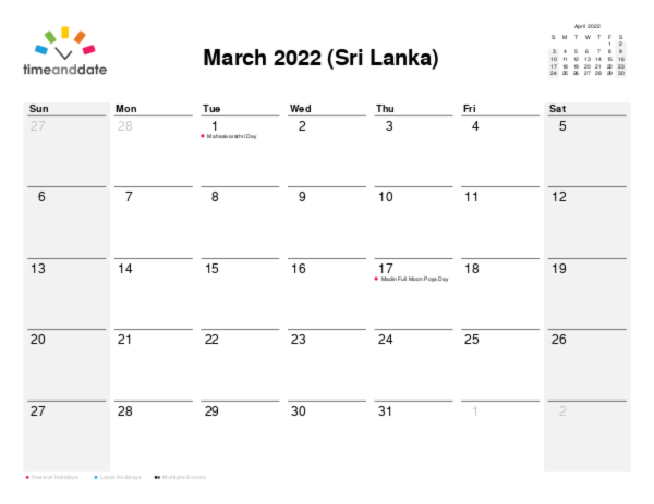Calendar for 2022 in Sri Lanka