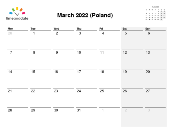 Calendar for 2022 in Poland