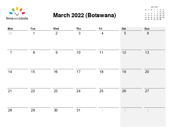 Calendar for 2022 in Botswana