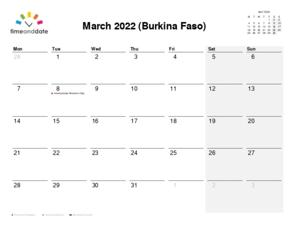Calendar for 2022 in Burkina Faso