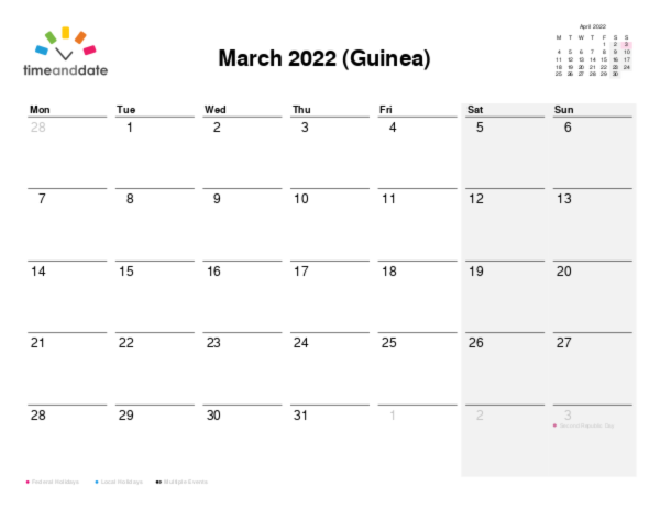 Calendar for 2022 in Guinea