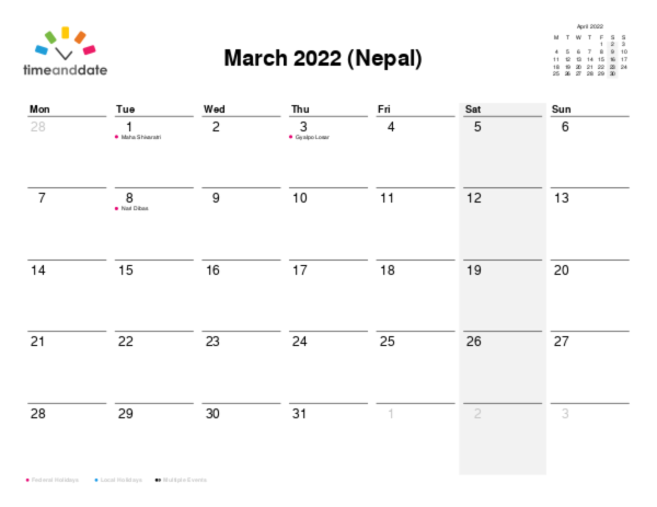 Calendar for 2022 in Nepal