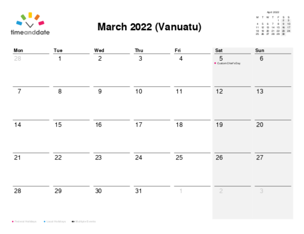Calendar for 2022 in Vanuatu