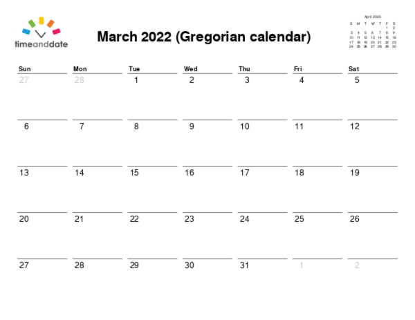 Calendar for 2022 in Gregorian calendar