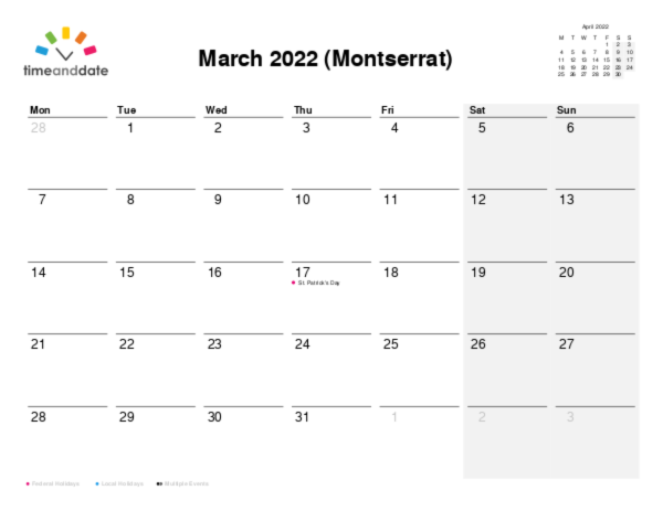 Calendar for 2022 in Montserrat