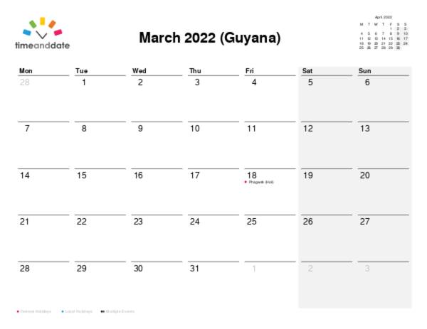 Calendar for 2022 in Guyana