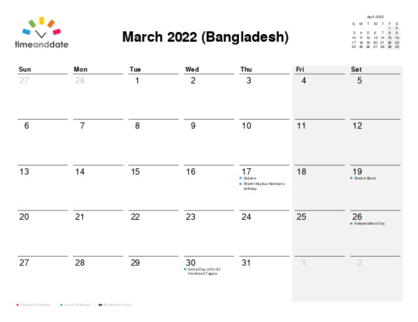 Calendar for 2022 in Bangladesh