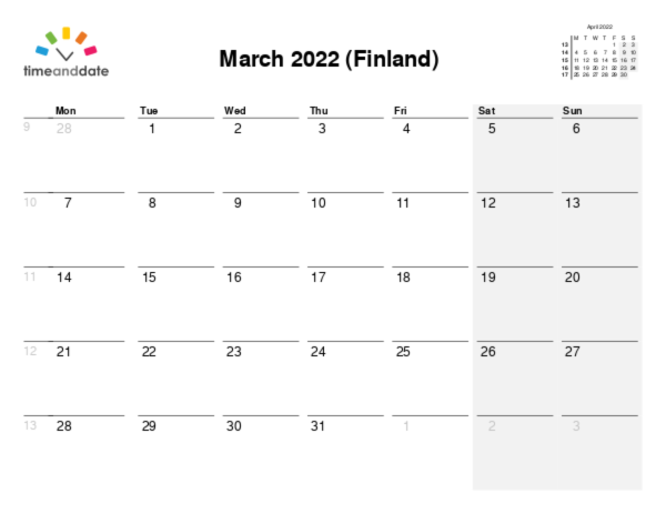 Calendar for 2022 in Finland