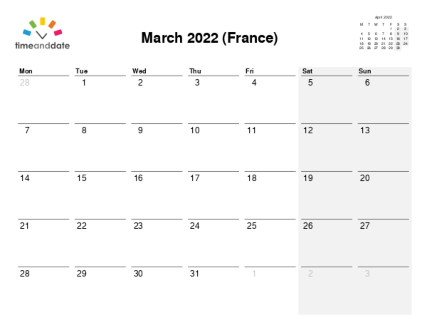 Calendar for 2022 in France